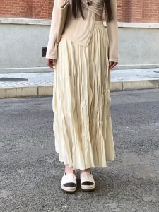 Elastic Waist A-Line Solid Color Long Skirt Slim Fit Chic Dress Girlish Sweet Versatile