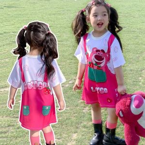 [PRINCESS KESLI] 1-9 Tahun Dress Kuromi Stroberi Beruang gaun tali ikat lengan pendek Komik Seru Anak Baru 2024 Red Ungu