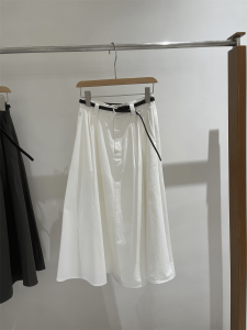 Spring Summer New Style High Waist Midi Cotton Skirt Womens Fashionable Belted A-Line Half Body Skirt Casual Pure Color