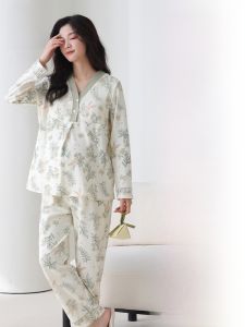 Miiow | Pure Cotton Maternity Sleepwear Womens Home Clothes With Chest Pad Cat Person Summer Leisure Long Sleeve V-Neck Nightgown