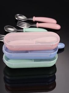 Baby Spoon and Fork Set Toddlers Training Portable Stainless Spoon Fork Travel Cutlery Set With Case
