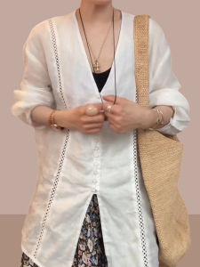 Shalldoer | Fashionable Anti-Uv Hollow Out Design Pure Color Simple Style Womens Shirt Summer 2025 Casual Loose Fit Long Sleeve V-Neck Top