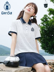 niffeilu | เสื้อยืดคอโปโลผ้าฝ้ายแท้แขนสั้นสไตล์วิทยาลัยสำหรับเด็กผู้หญิง ชุดนักเรียนมัธยมปลาย ชุดนักเรียนมัธยมต้น เสื้อคอโปโลลายทาง