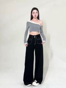 Plus Size 25-40 Korean High Waist Wide Leg Jeans Women Baggy Jeans Casual Loose Straight Slacks Trousers