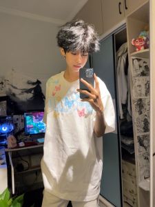 American High Street Fashion Butterfly Letter round Neck Short Sleeve T-Shirt Men Summer Loose Top Breathable Cotton Casual Tee