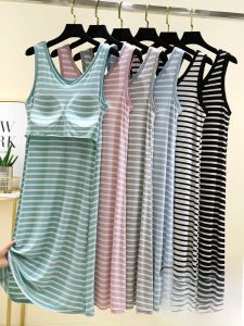 Modal Vest Dress Summer Thin Home Striped Sleepwear Large Size Loose Can Be Worn outside Casual Long Dress