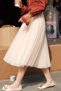 กระโปรงจีบเอวสูงทรงเอสไตล์หวานสำหรับฤดูใบไม้ร่วงและฤดูหนาวปี 2025 กระโปรงยาวปานกลางผ้าชีฟองสำหรับผู้หญิง ความยาวครึ่งแข้ง