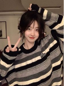 Thickened Stripe Sweater Womens Lazy Style Top Retro Japanese Design Autumn Winter New Arrival Female Fashion Warm round Neck Long Sleeve