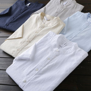 Mens Cotton Linen Washed Process Small Collar Pure Color Breathable Short Sleeve Shirt Summer Fashion City Casual Standard Fit