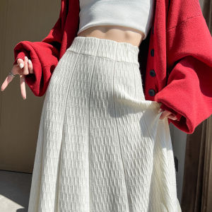 Soft Knitted A-Line Midi Skirt High Waist Texture Drapey Girls Autumn Winter New Style Pleated Half-length Casual Skirt