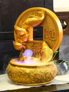Feng Shui Water Wheel Wealth Attracting Ornament Office Front Desk Circular Water Flow Decorations Vintage Fish Design Resin Craft