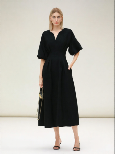 COCOBELLA | Elegant Minimalist Black Waist-accentuated Dress