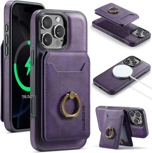 Magnetic Leather Case for iPhone 16 Pro max 15 14 13 12  Compatible with MagSafe Shockproof Protective Phone Case Detachable Wallet RFID Blocking Card Holder Ring Stand (Purple)