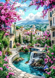 1000 Premium Adult Cardboard Puzzles - Vibrant Floral Cityscape with Waterfall and Stone Path Ideal for Home Decor and Family