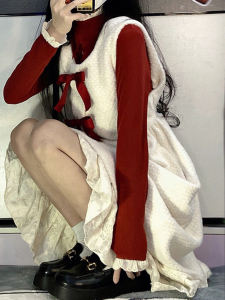 น่ารัก ฤดูใบไม้ร่วง ฤดูหนาว ผ้ากันเปื้อนลาย เดรส ชุดคริสต์มาสปีใหม่ Art นักเรียน Gentle Fairy Long เดรส ชุดสองชิ้นสําหรับผู้หญิง