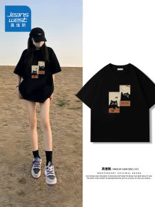 Black Short Sleeve T-Shirt Womens Loose Fit Summer New Style Fashionable KMV Jeanswest Cotton round Neck Print Top