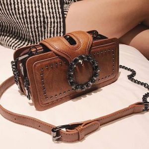 Vintage Round Rhinestone Buckle Shoulder BagFashion Punk Design Top-handle Crossbody Bag Popular Rivets Decor Purse For Women