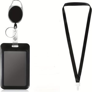 Slider Badge Clip - Hard Black Vertical Plastic Card Case Protective Cover with Retractable Badge Reel and Black Lanyard