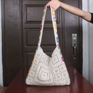 Ethnic Style Color Lace Imitation Hand Crocheting Embroider Knitting Cut Out Beach Bag Satchel Shoulder Bag Casual Easy Matching Tote Bag