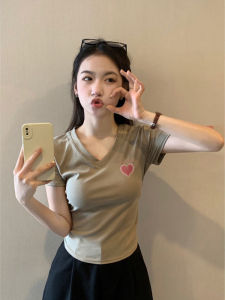 Slim Fit Short Sleeve V-Neck T-Shirt Womens Summer New Design Pure Cotton Short Length Top Korean Style Commute Wear