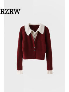 RZRW Preppy Style Knitted Polo Neck Base Shirt Womens Inner Wear Autumn Top Fake Two-Piece Christmas Red Sweater