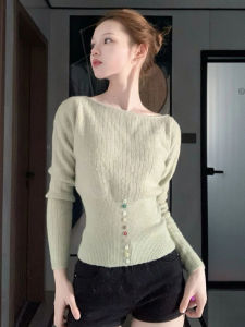 YUEZHONGWEI | Green One-shoulder Slim-fit Knit Sweater