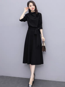 MaxMurny French Style Casual Simple Womens Dress High Waist A-Line Skirt Long Sleeve Commute Fashion Autumn New Arrival