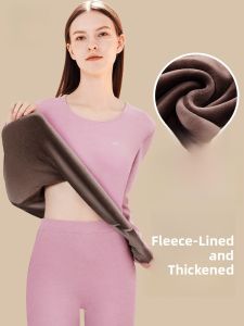 MiiOW | Thickened Fleece Warm Underwear Set For Women Wool Silk Winter Proof Base Layer Long Sleeve Round Neck Pure Color Polyester Fiber