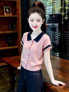 Polo Collar Short Sleeve Straight Shoulder Design Knitted Shirt