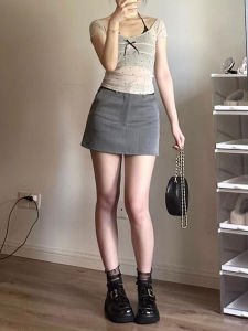 plus Size Grey Suit Skirt High Waist Anti-Light A-Line Mini Skirt Womens Summer Fashion Commute Style Button Belted Zipper