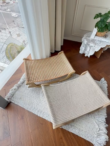 Rattan Woven Cat Bed Rocking Chair Hammock Pet Lounger Solid Wood Scratcher Board Sleeping Nest Tempat Tidur Kucing