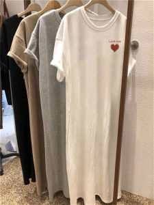 White Heart Print Short Sleeve T-Shirt Dress Womens Summer Loose plus Size Casual Versatile Mid-Length Knee-Over Dress