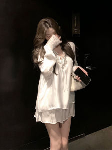 Áo Sơ Mi Chiffon Dài Tay Cổ Chữ V Đính Đá Kiểu Pháp Cỡ Lớn Mùa Thu Áo Sơ Mi Che Bụng Quần Áo Hai Mảnh Thoải Mái Cho Phụ Nữ Ngoại Cỡ