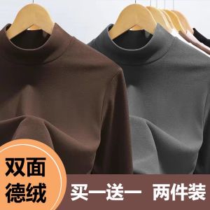 Thickened Fleece Long Sleeve Base Shirt Half High Collar Mens Fashion City Style Winter Thermal Inner Wear T-shirt Polyester Fiber