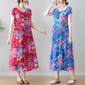 Elegant Cotton Silk Midi Dress Womens Outerwear Loose Waist Slimming Knee-Length Northeast Big Flower Skirt Commute Vintage