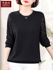 Black Long Sleeve Knitted Sweater Womens New 2025 Spring Autumn Moms Large Size Lace Base Shirt Inner Wear Top Fashion