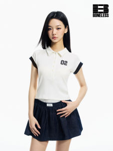 BONELESS Color Block Embroidered Slim Fit Polo Shirt Casual Versatile Short Sleeve T-Shirt Flip Collar Casual Wear for Women