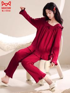 Red Cotton Sleepwear Long Sleeve Wedding New Couple Set Large Size Lucky Year Home Clothes Sweet Princess Style Womens Pyjamas