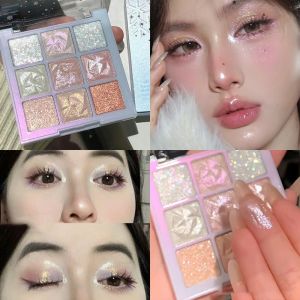 9 สีเกล็ดหิมะเพชรอายแชโดว์ Palette Rose Pink Glitter Flash Polarization Highlighter Brightening Shiny Eye แต่งหน้าเครื่องมือ