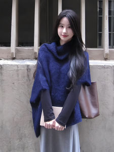 CHOEFULYN | Blue Pile Collar Layered Cape Sweater for Women Autumn Winter