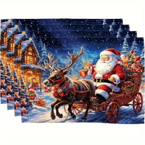VIKAMA 4 Món Bộ Đồ Dùng Trang Trí Xe Trượt Tuyết Của Ông Già Noel Bộ Đồ Trang Trí Tiệc Ngày Lễ Thị Trấn Tuyết Trắng In Hình Giáng Sinh Bộ Đồ Ăn Trên Bàn Ăn Trang Trí Bữa Tối Gia Đình