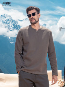 Enjeolon Thick Long Sleeve T-Shirt Henry Collar Mens Casual Fashionable Solid Color Top for Autumn Winter Seasons