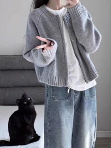 Gray Short Knitted Sweater Coat Womens Loose Thickened Long Sleeve Zipper Cardigan Warm Outerwear Spring Autumn Winter Fashion