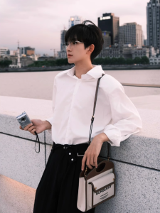 White Lapel Ice Silk Long Sleeve Shirt Mens Spring Fancy Korean Style Wear Match Pure Color Outwear Bottoming Shirt