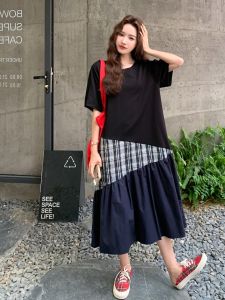 YINLUOYA | Summer New Womens Loose Slimming Plaid Patchwork Dress Fashionable Versatile Korean Style H-Line Midi Dress Round Neck Short Sleeve