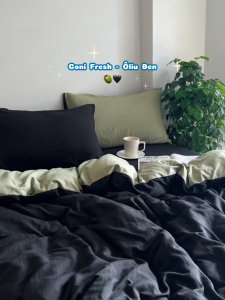 Bộ chăn mền ga gối GONI FRESH màu Oliu Đen - Ga drap giường bo chun cao 4-25cm kích thước 1m 1m2 1m4 1m6 1m8 2m2