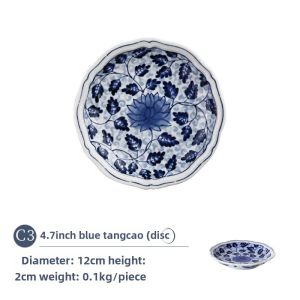 Lanlintang Japan Import Saucer Ceramic Dish round Pattern Blue and White Dish Snack Sauce Dish Dim Sum Dish Bone Dish