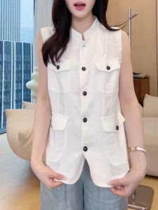 SHUAIYUE | Áo Vest Không T Tay Cổ Đứng Phong Cách Pháp Cao Cấp Màu Trắng