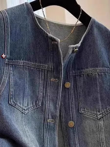 Áo Khoác Denim Không Tay Ngắn Cổ Tròn Thường Ngày Mùa Hè 2025 Áo Khoác Ngoài Cổ Điển Cho Nữ