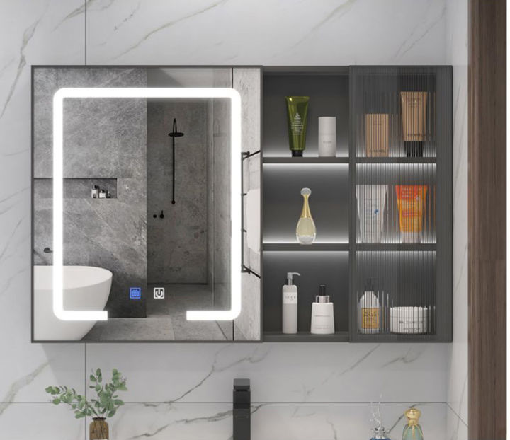 aluminum bathroom with mirror toiletry storage hanging